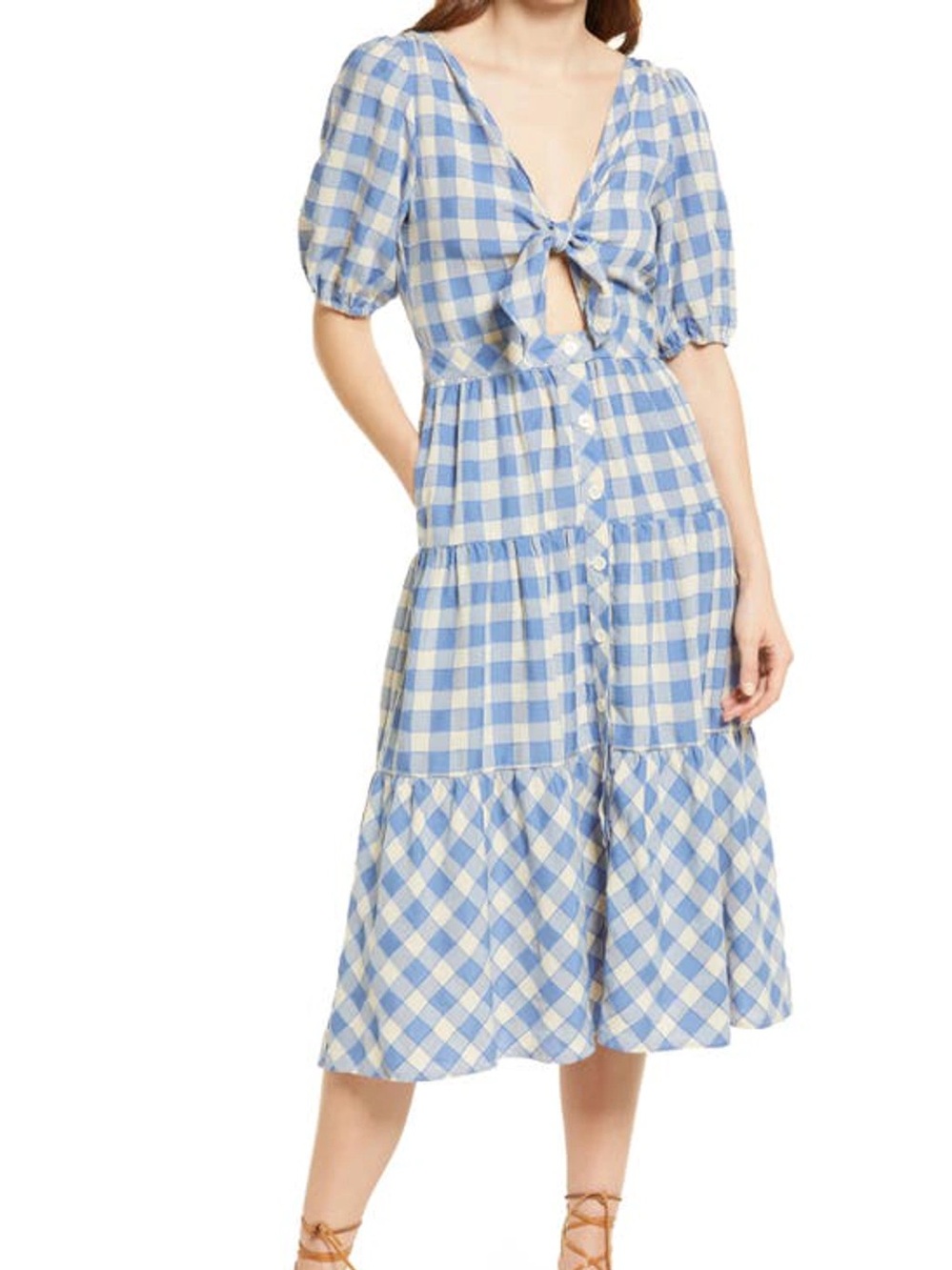 FRNCH Blue and Cream Gingham Tie-Front Midi Dress